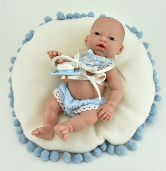 картинка испанские Пупс-мини "Новорожденный", в голубом, с подушкой (в коробке), 20 см, арт. 242 интернет-магазин TuKiTu.ru